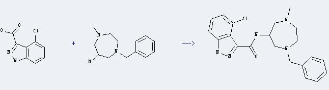 1H-Indazole-3-carboxylicacid, 4-chloro- can react with 1-benzyl-4-methyl-[1,4]diazepan-6-ylamine to produce 4-chloro-1H-indazole-3-carboxylic acid (1-benzyl-4-methyl-[1,4]diazepan-6-yl)-amide
